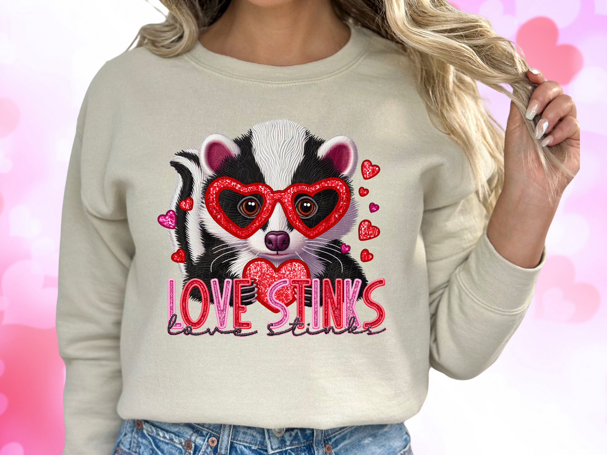 Cute Skunk Love Stinks Faux Sequin Valentine's Day Sweatshirt